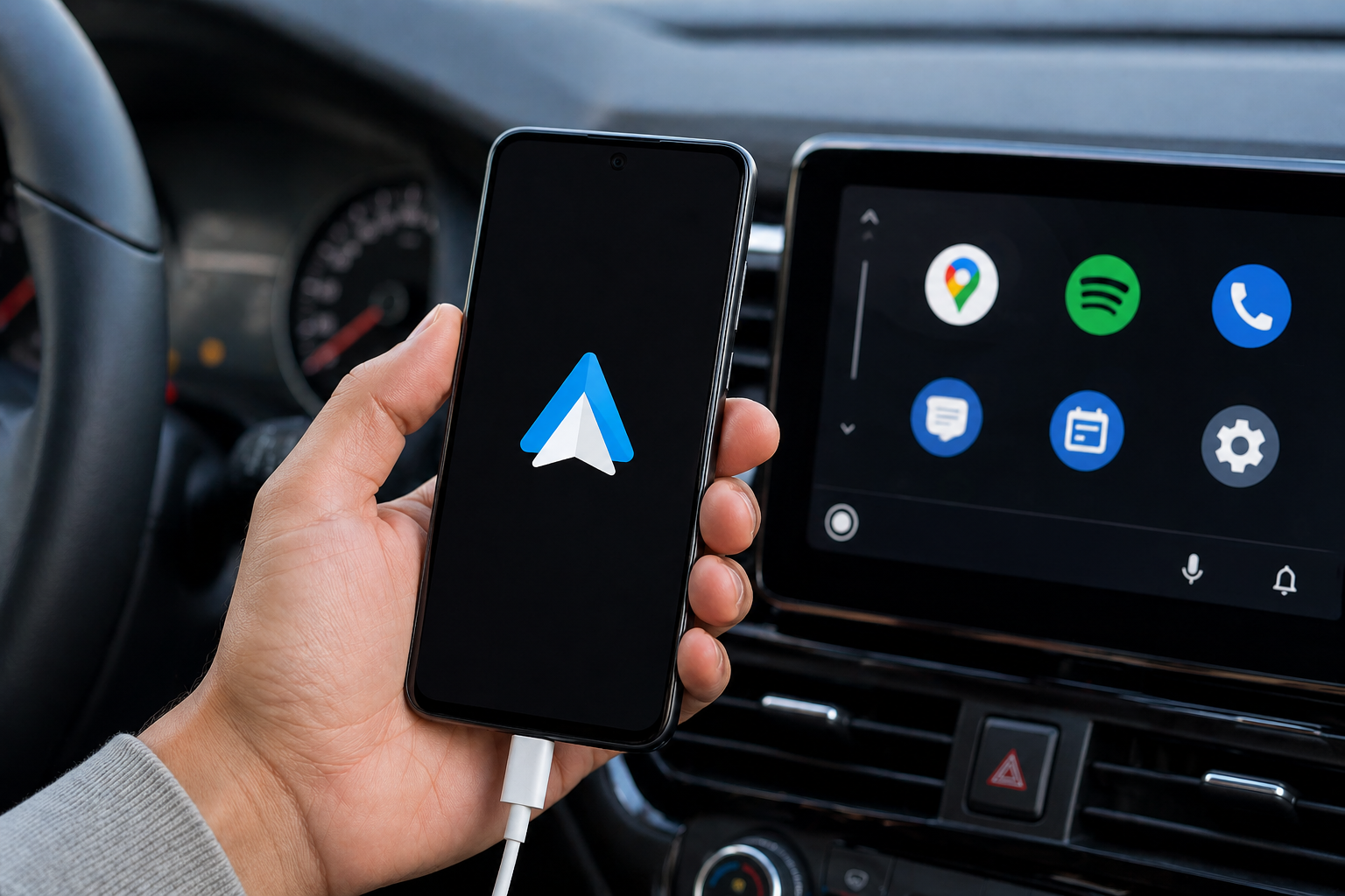Smartphone Android connecté à l'écran tactile d'un tableau de bord de voiture via Android Auto